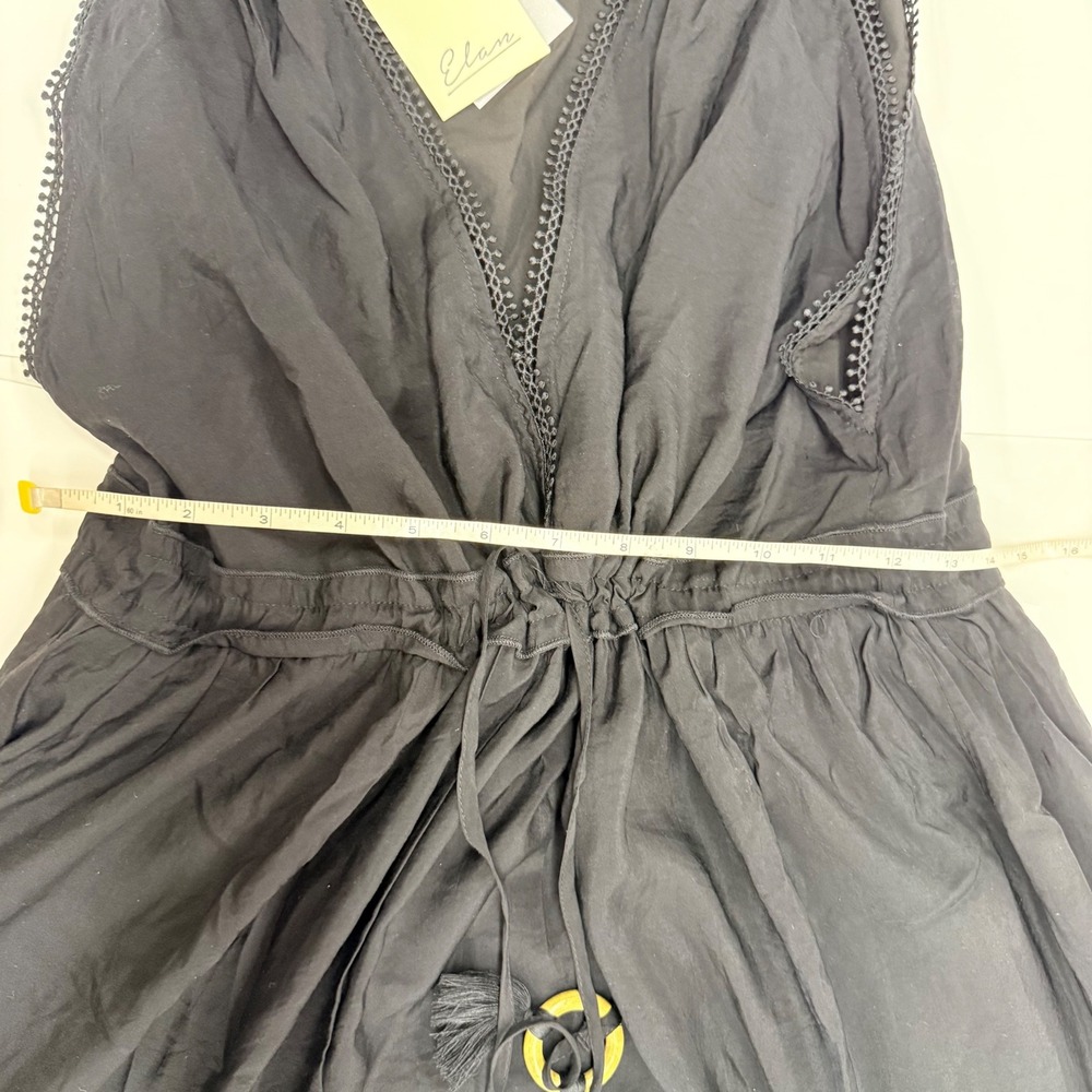 Elan Black Crochet Lace Trim Tiered Maxi Dress Halter V-Neck Tassel Accent Large - Picture 10 of 13